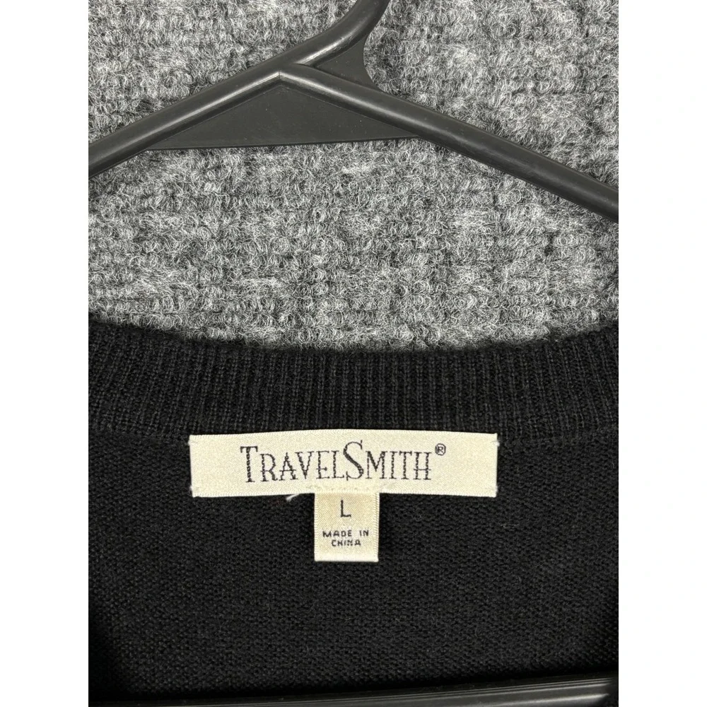 TravelSmith Merino Wool Blend V-Neck Sweater Vest L Black Geometric Preppy Y2K